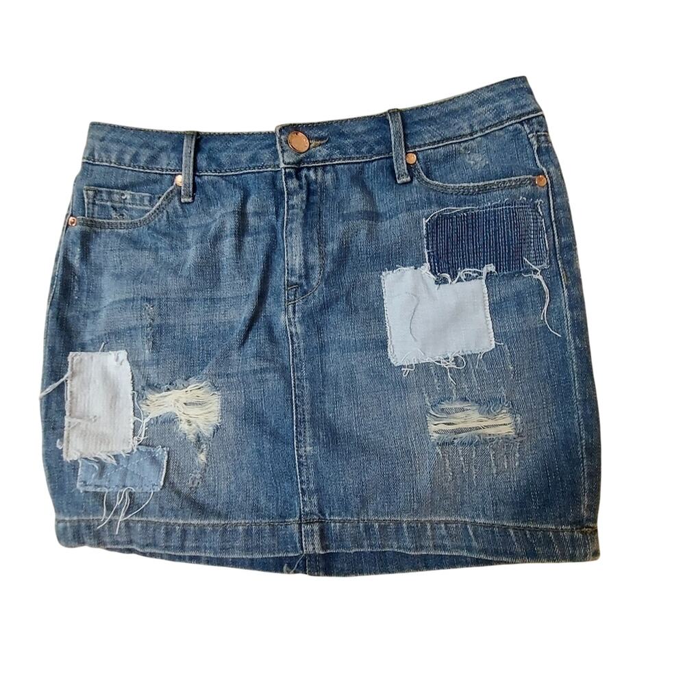 Rachel Roy Patchwork Distressed Denim Skirt 26 Festival Casual Boho Hippie Retro